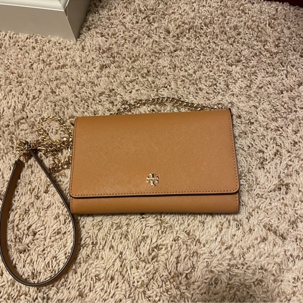 Tory Burch Tan Leather Clutch with Flap Closure